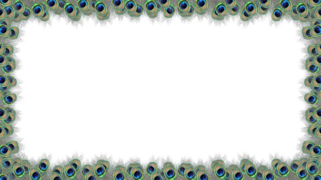 beautiful peacock feathers decoration frame on white background. concept for janmashtami festival.