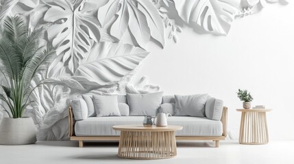 Minimalist white living room with sculpted leaf wall