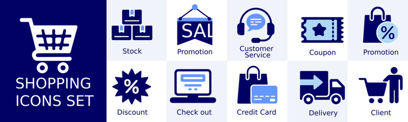 A set of shopping icons including a cart, stock, sale, service, coupon, and more icons shown