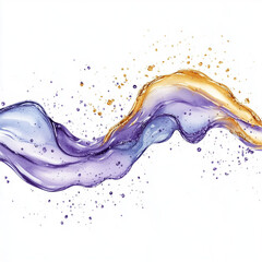 Purple-golden liquid waves with splashes on a white background, abstraction. Generative AI