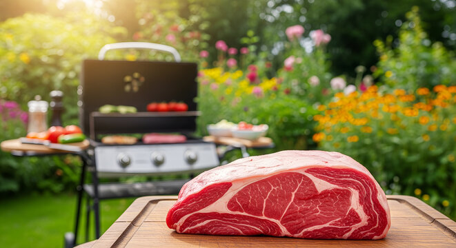 barbeque grilling party of beef steak meat outdoors in the garden