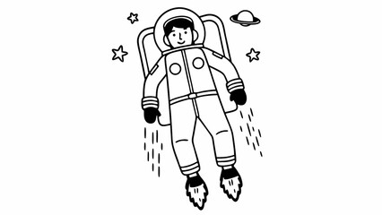 Illustration of an astronaut floating in space with stars and a ufo in a black and white design style