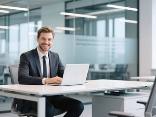 Smiling Businessman at Desk in Modern Office