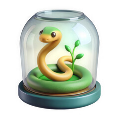 Fototapeta premium Cute cartoon snake coiled around a plant inside a glass dome isolated on transparent background