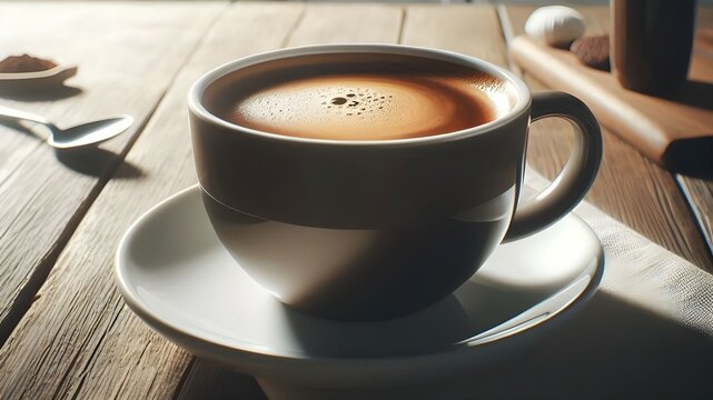 Dark brown coffee with a creamy sauce on a wooden table in a simple abstract background which sunlight fills the kitchen