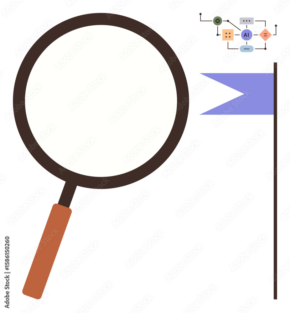 Poster magnifying glass emphasizing ai-connected processes with nodes and goal flag. ideal for exploration,