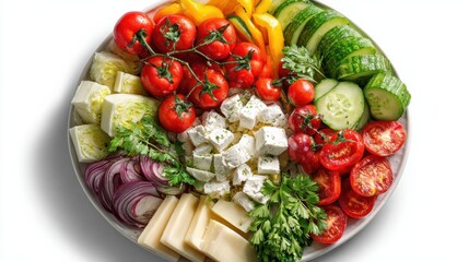Top view of plate with variety of vegetables, fruits and cheese isolated on white background
