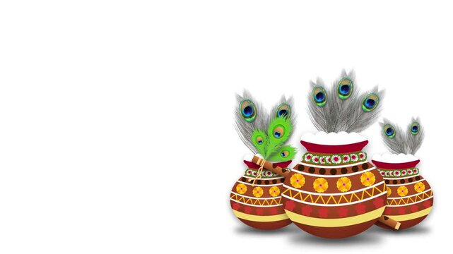 decorated pot, peacock feathers and lord Krishna's flute on white background. janmashtami is lord Krishna's birthday celebration festival.