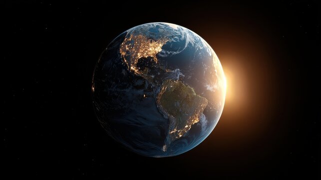 A view of planet earth showing north and south america with sunlight in a dark space background.