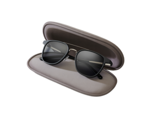 Stylish black framed sunglasses with dark lenses resting inside a soft gray protective case