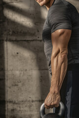 Close-Up of Muscular Arm Holding Kettlebell – Strength and Focus Concept