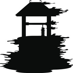 Silhouette of Haunted Well with Ghostly Mist Spooky Horror Illustration, Haunted Well Mist Silhouette, Ghostly Foggy Well Art, Spooky Haunted Well Scene