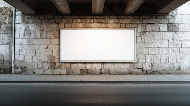 Urban cityscape featuring a blank rectangular billboard on a brick wall under concrete bridge.