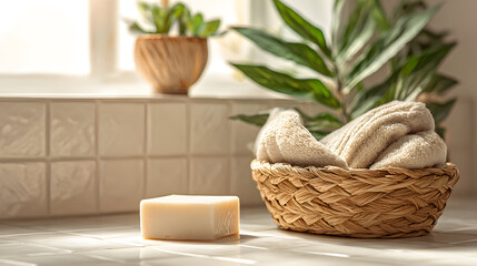 Fototapeta premium In a tranquil bathroom setting, soft, fluffy towels and a bar of natural soap are elegantly placed in a woven basket beside the window