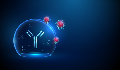 Blue antibodies inside a transparent glass dome attacking by red viruses. Immune protection, antiviral defense, infection barrier, biotechnology, immunotherapy concept.