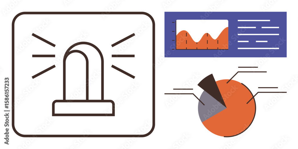 Poster emergency alarm light alongside a line graph and pie chart reflecting data trends and insights. idea