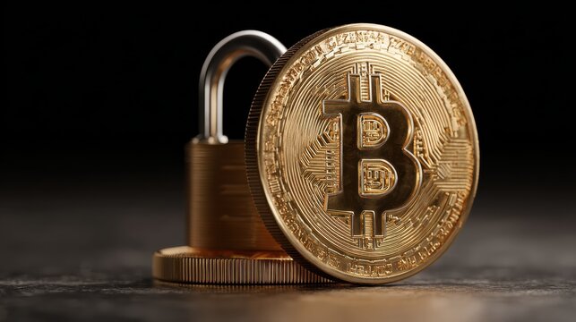 Gold Bitcoin Cryptocurrency Coin with Padlock Representing Digital Security and Protection
