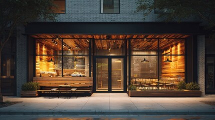 Modern cafe facade with glass windows, warm lighting, outdoor seating, and inviting ambiance.
