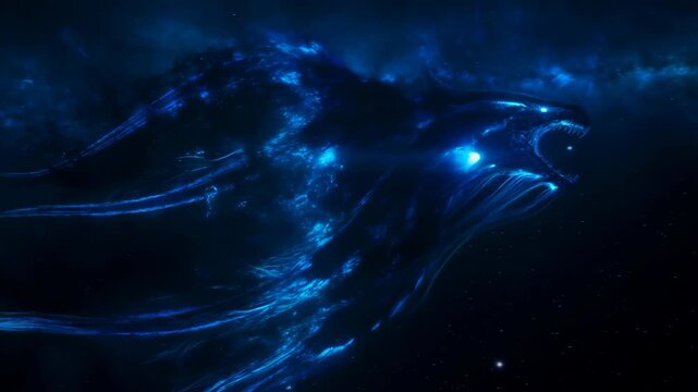 Enigmatic blue cosmic dragon entity with glowing eyes adrift in starry void