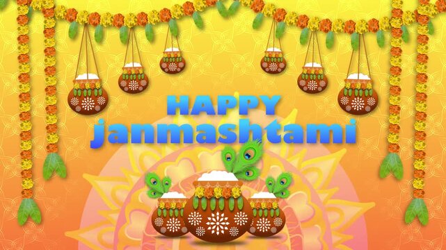 happy janmashtami greetings on yellow gradient background with dahi handi decoration. janmashtami is indian traditional festival.