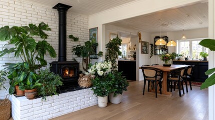 Fototapeta premium Modern Scandinavian-style kitchen featuring a black wood stove with a cozy atmosphere from burning firewood and bright daylight illuminating light-colored furniture