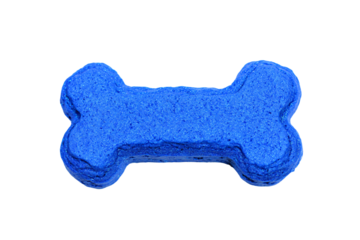 a blue dog bone shaped cake on a white background