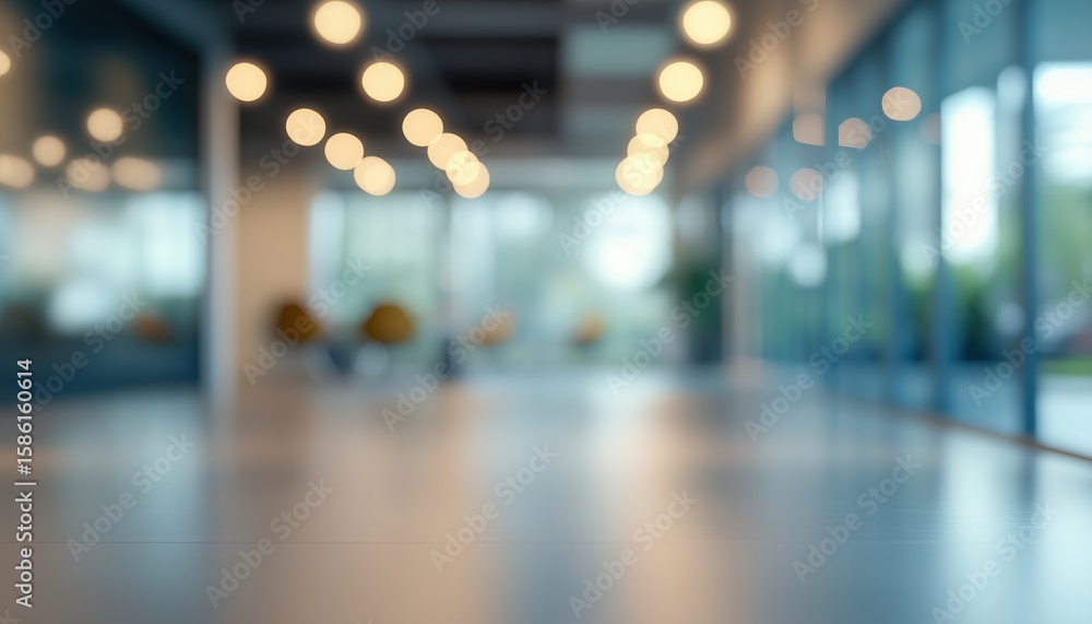 Poster abstract light bokeh in empty open office space: blurred interior design element for corporate envir