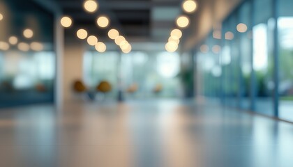 Abstract Light Bokeh In Empty Open Office Space: Blurred Interior Design Element For Corporate Environments.