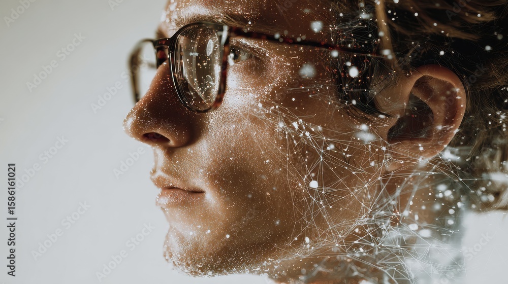 Poster side view of a young man wearing glasses, overlayed with digital data and neural network graphics, s