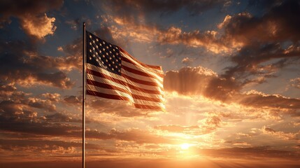 The American flag waves proudly against a stunning golden sunset, with dramatic clouds and sun rays creating a patriotic and inspiring scene.