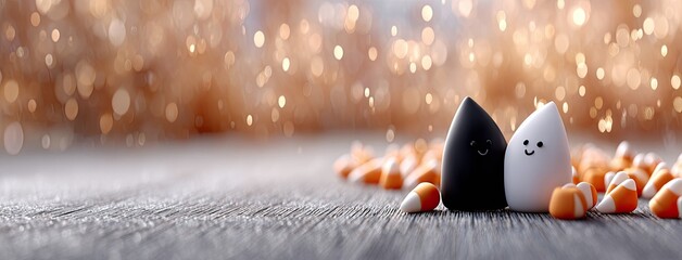 This charming figurine set showcases cute characters in vibrant colors surrounded by spooky decorations creating a fun Halloween vibe