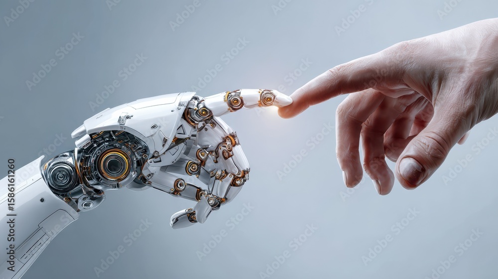 Aufkleber concept of artificial intelligence ai assistance and robotization of production. human hand accepts 