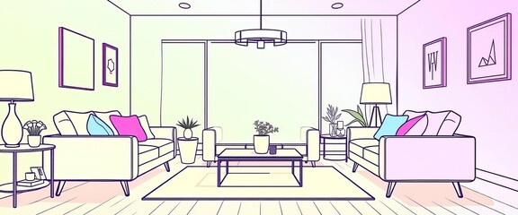Isolated line art sketch of modern living room furniture set,   living space,   interior