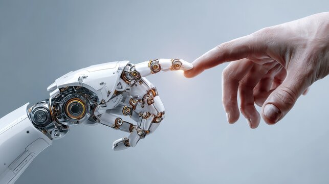 concept of artificial intelligence ai assistance and robotization of production. human hand accepts robot hand