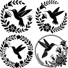 Obraz premium bird silhouette on branch, bird with flowers silhouette, bird on floral branch silhouette, bird and flower silhouette