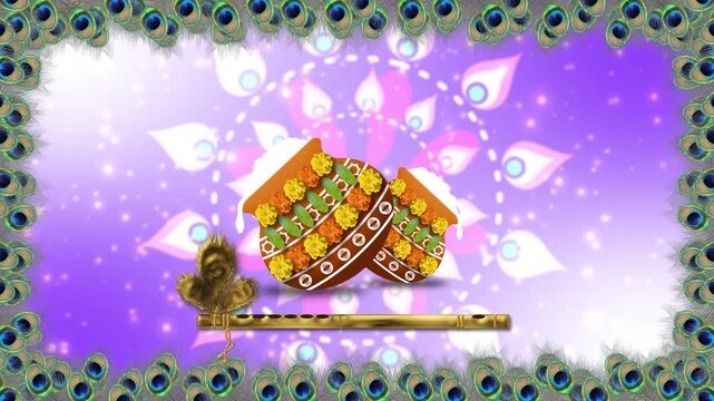 janmashtami dahi handi, golden flute, peacock feathers frame and vibrant purple and white background. janmashtami festival celebration concept.