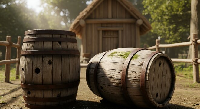 a wooden classic barrel in barn put on the hay in a barn in a rural farm feild