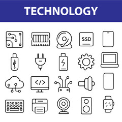 Technology Line Icons, Chip, Server, Cloud Storage, Network, Circuit Board, Editable Formats: AI, EPS, PNG, JPG, Ideal for Both UI and Print Media Use
