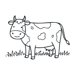 Cute cow cartoon in grass outline drawing with smiling expression. Hand drawn vector illustration