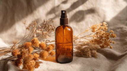 Fototapeta premium Amber Glass Spray Bottle with Dried Botanical Flowers on Soft Fabric Background.
