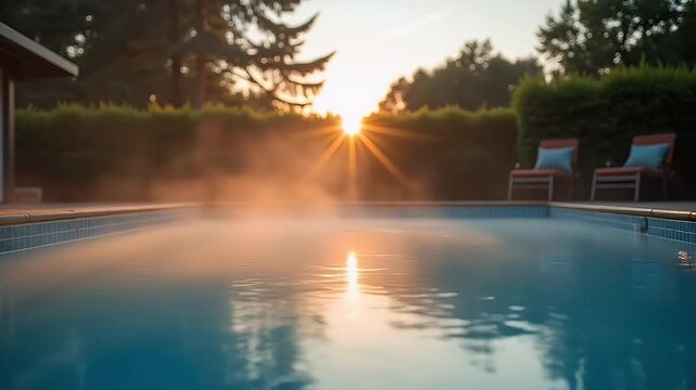 A tranquil 4K cinematic view outdoor hot spring pool steam rising gently evening light evoking relaxation comfort therapeutic warmth serene spa like setting ideal wellness