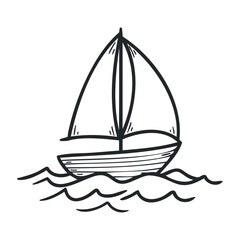 Hand-drawn sailboat on waves line art with simple nautical design. Hand drawn vector illustration