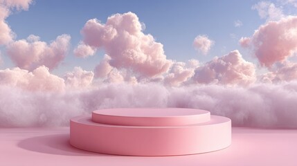 Background podium pink 3d product sky platform display cloud pastel scene render stand. Pink podium stage minimal abstract background beauty dreamy space studio pedestal smoke showcase geometric whit