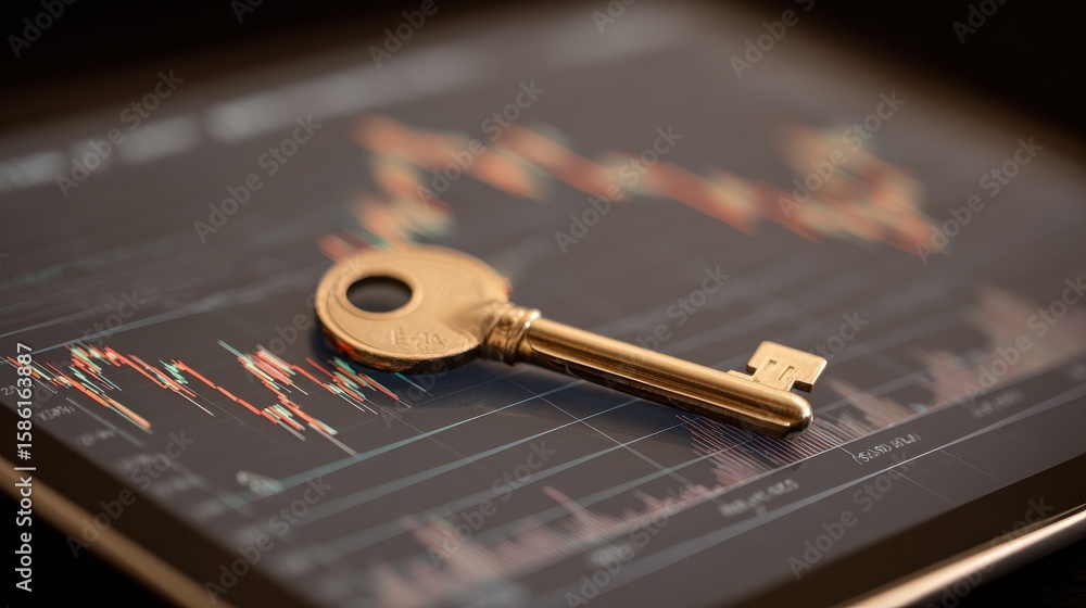 Poster a key resting on a tablet displaying stock market graphs, symbolizing access to financial success an