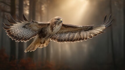 Majestic hawk soaring through a sunlit forest with outstretched wings in flight.