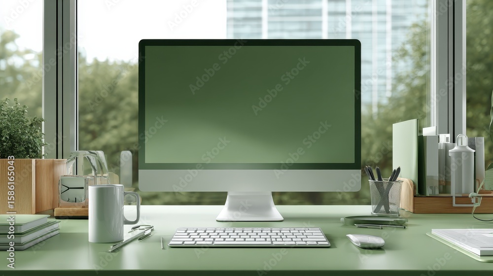 Poster green office desk with focus on computer screen, modern work place with focus on computer display
