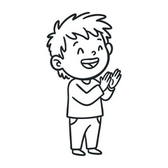 Smiling caucasian young boy clapping hands joyfully. Hand drawn vector illustration