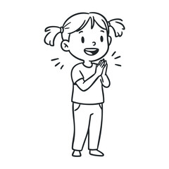 Obraz premium Smiling young caucasian girl clapping happily with pigtails line drawing. Hand drawn vector illustration
