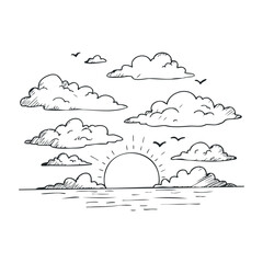 Cartoon doodle of a sunrise with clouds and birds over the ocean scene. Hand drawn vector illustration
