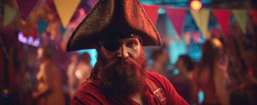 The charismatic pirate enjoying a lively party atmosphere at a vibrant celebration.
